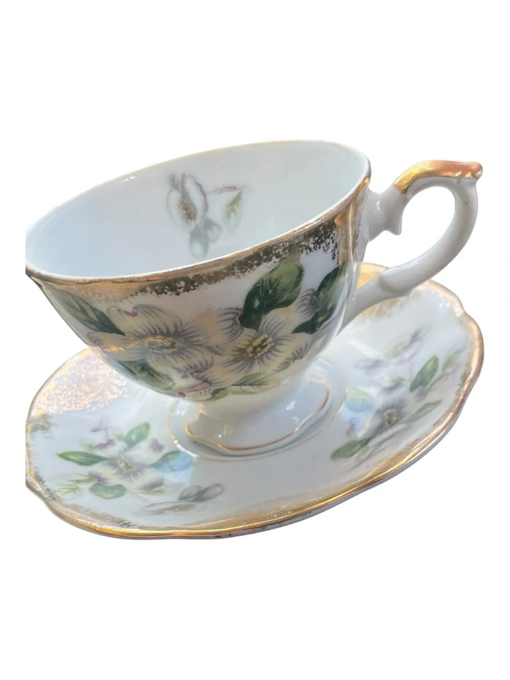 Castle China Floral Gold-Trim Porcelain Teacup and Saucer Made in Japan